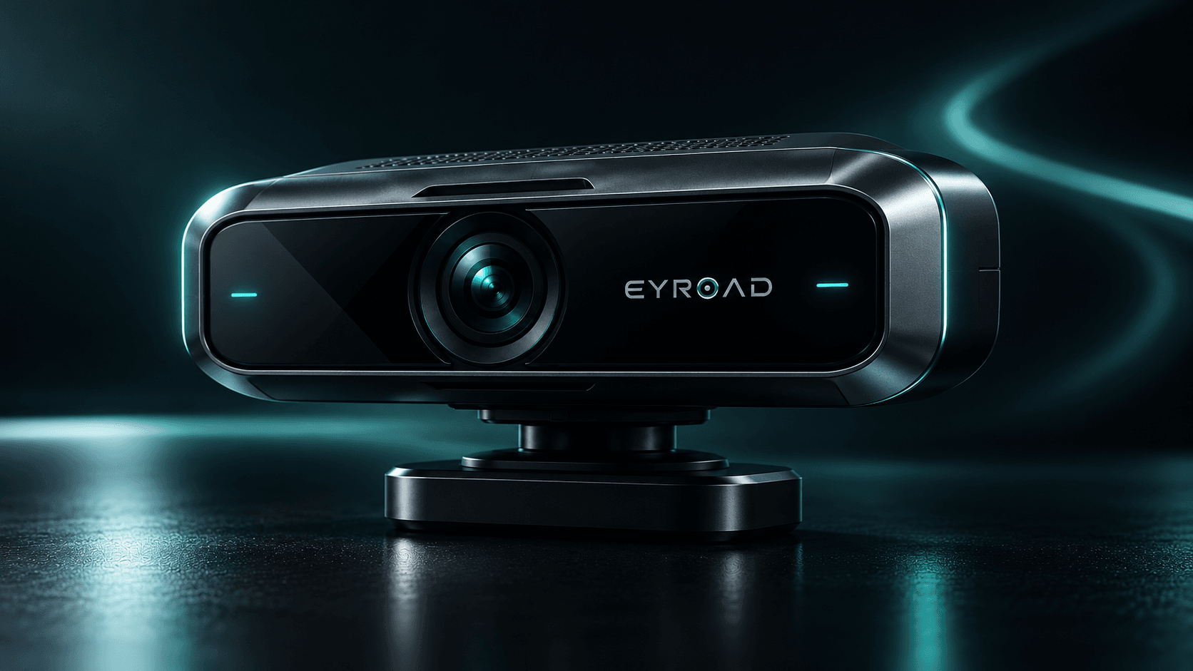 Concept de design de l'appareil EyRoad : un boîtier noir compact avec un objectif central et deux repères turquoise