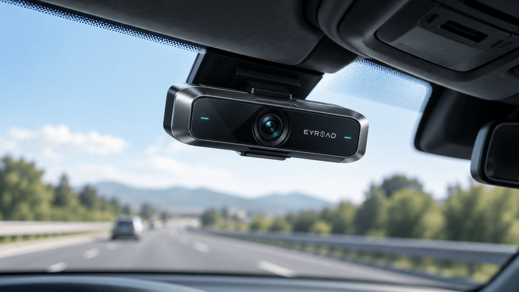 Concept de design de l'appareil EyRoad monté près du rétroviseur, route ensoleillée devant